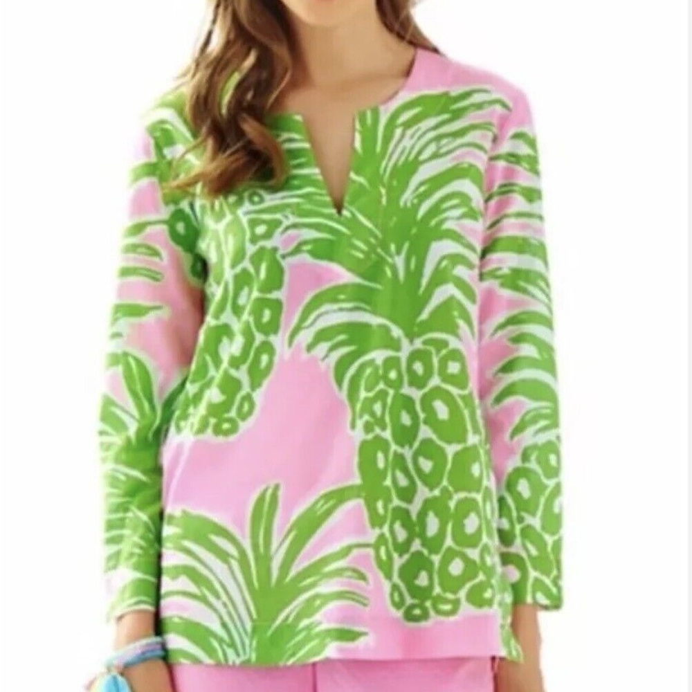 Lilly Pulitzer split neck tunic top green and pink tropical pineapple size XS